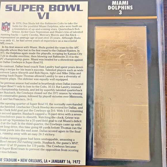SUPER BOWL VI Cowboys v Dolphins Willabee & Ward Super Bowl 6 TICKET STUB Gold - Picture 3 of 9